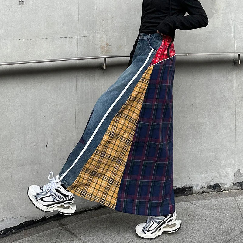 High Fashion Denim Skirt Women Elastic High Waist A-Line Long Skirt Female Colorful Patchwork Plaid Jean Skirt