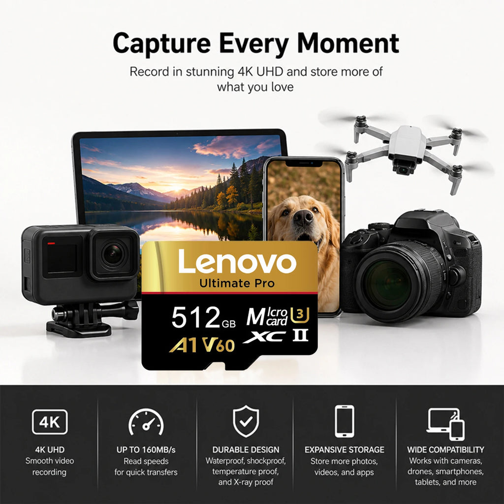 Lenovo Original Class 10 UHS-II Micro SD Card 1TB High Speed A1 V60 Stable Performance TF Flash Cards for Phone Camera Drone