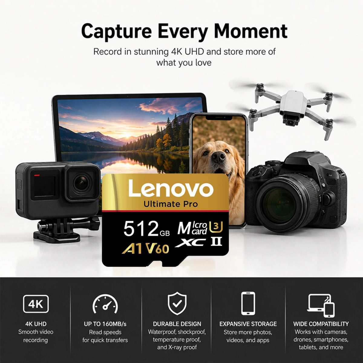 Lenovo Original Class 10 UHS-II Micro SD Card 1TB High Speed A1 V60 Stable Performance TF Flash Cards for Phone Camera Drone