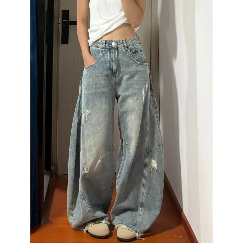 2026 Korean Style Fashion American Vintage Denim Pants Women High Waist Irregular Jeans Trouser Loose Wide Leg Trousers Retro