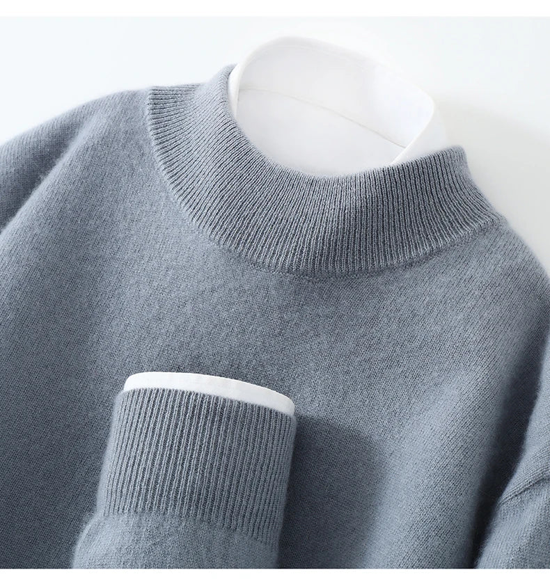Autumn/Winter Men's 100% Pure Cashmere Pullover Business Casual Solid Knitted Sweater Loose Half High Neck Tops Thick Jumper