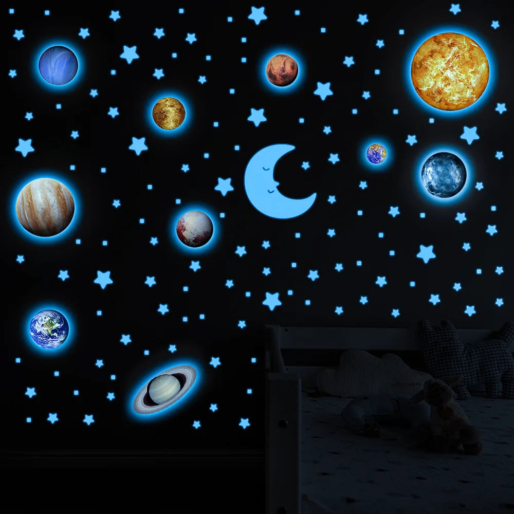 Glow in The Dark Planets Wall Stickers Kids Bedroom DIY Luminous Stars Decals Mural Self-adhesive Room Ceiling Aesthetic Decor