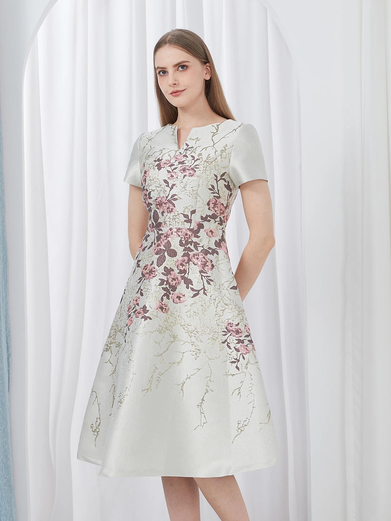 DEVCHATA Elegant Flower Jacquard Dress New Luxury Summer Boho Floral Fashion Party Clothing Mid-Calf Ball Gown Casual Vestidos