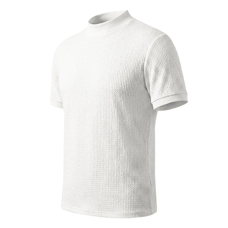 Men Summer Solid Jacquard Textured Mock Neck Short Sleeve T Shirt Slim Fit Simple Versatile Casual Daily Male Basic Tees