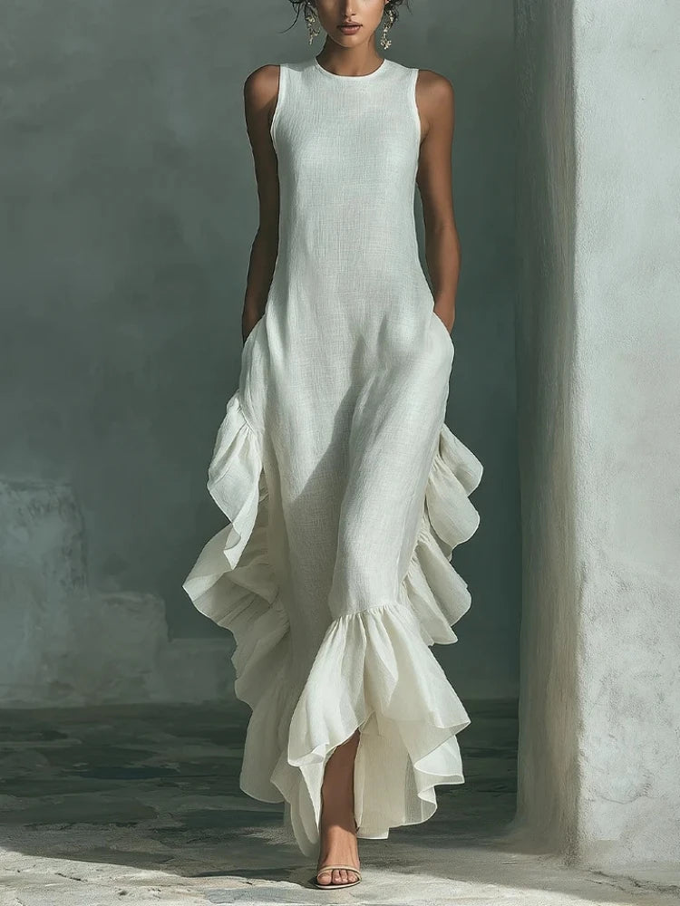 Elegant Solid Ruffle Long Dress Women 2026 Fashion O Neck Sleeveless Maxi Dress Summer Ruffle Hem Tank Boho Vacation Beach Dress