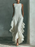 Elegant Solid Ruffle Long Dress Women 2026 Fashion O Neck Sleeveless Maxi Dress Summer Ruffle Hem Tank Boho Vacation Beach Dress