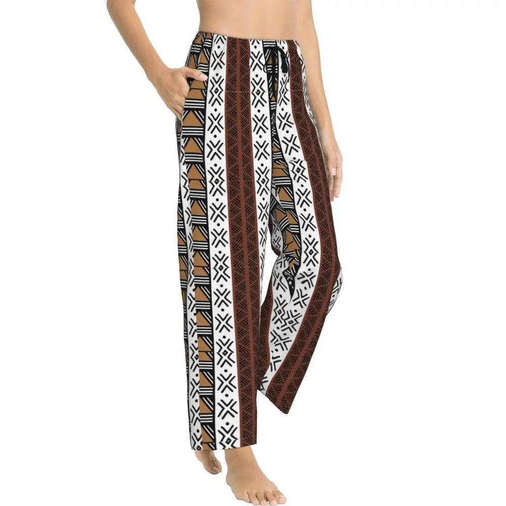 Custom African Tribal Bogolan Pattern Women Pajama Pants Lounge Sleep Sleepwear Bottoms with Pockets