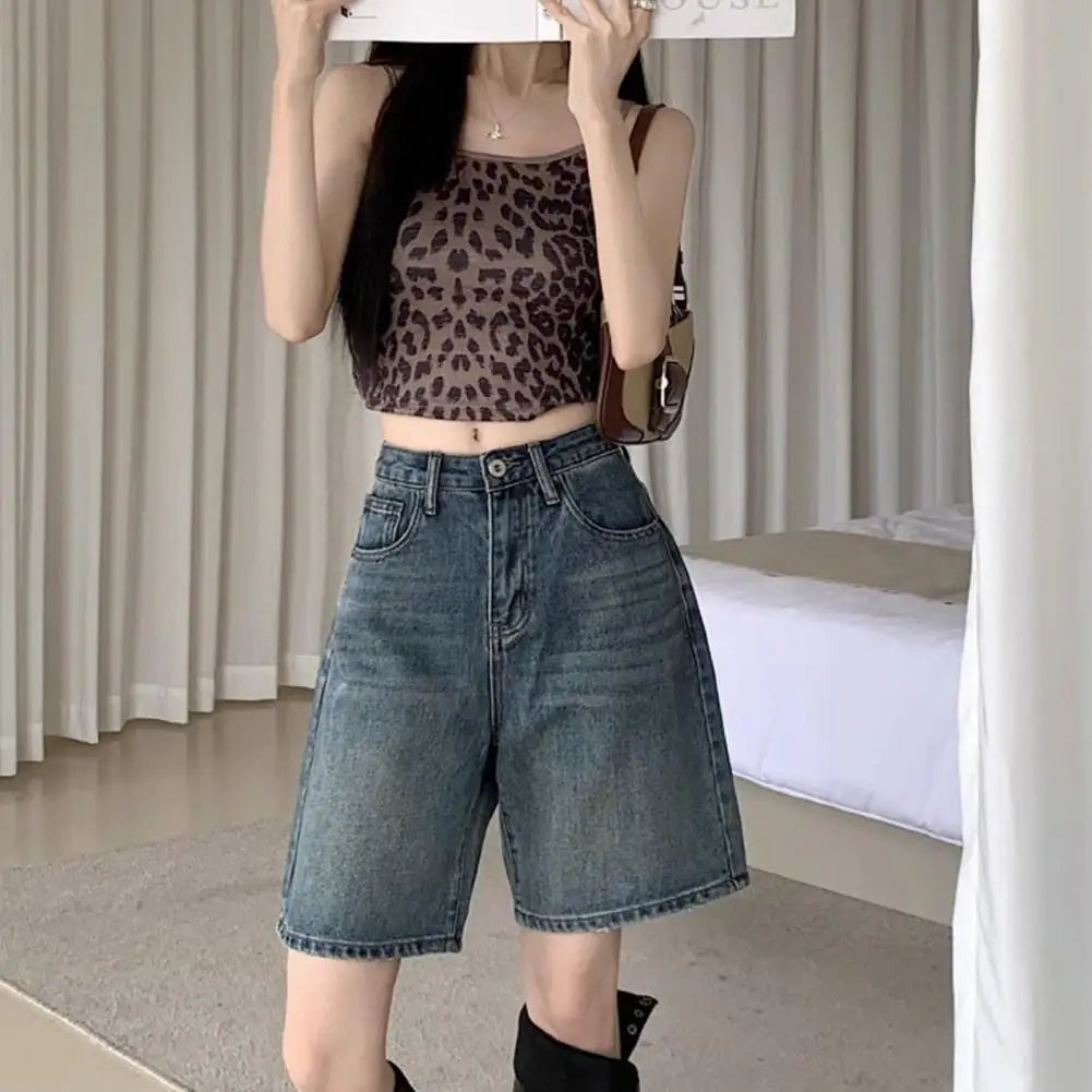Retro Style Women Denim Shorts High Waist Vintage Washed Straight Wide Leg Button Zipper Knee Length Jeans Shorts Summer