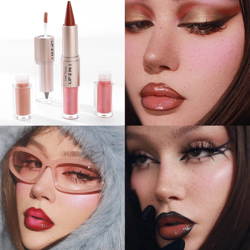 2 in 1 Lip Liner & Lip Gloss Waterproof Double Ended Matte Contour Pencil Crystal Mirror Lip Glaze Lasting Non Sticky Lip Makeup