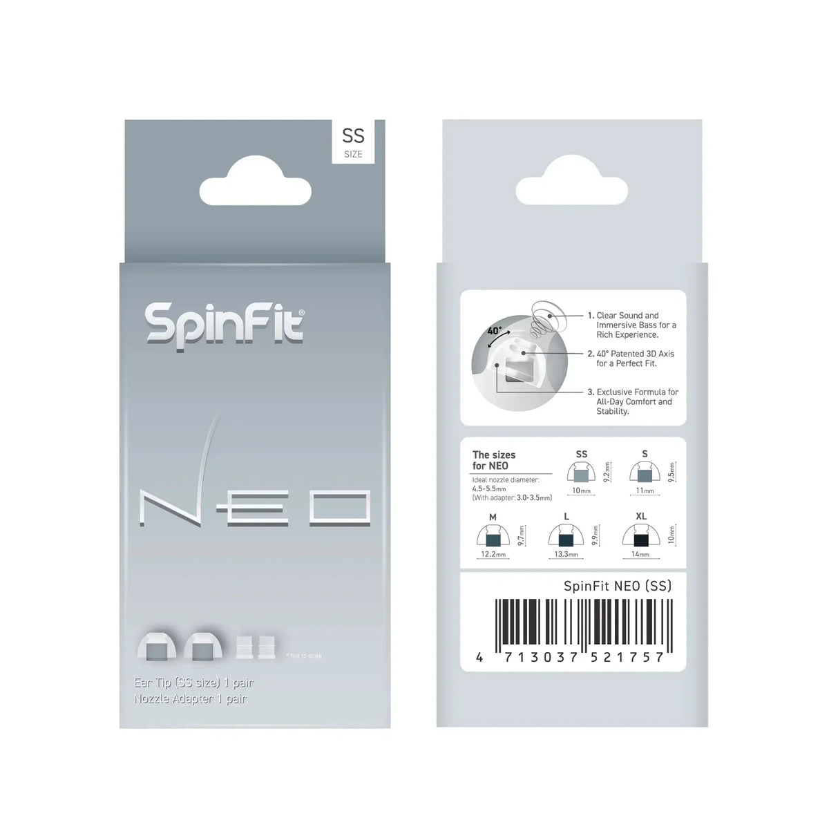 SpinFit NEO for IEM Silicone Patented Eartips Secure Fit Comfort Reduce Allergic Reaction with Adapters for Slim Nozzles 1 pair