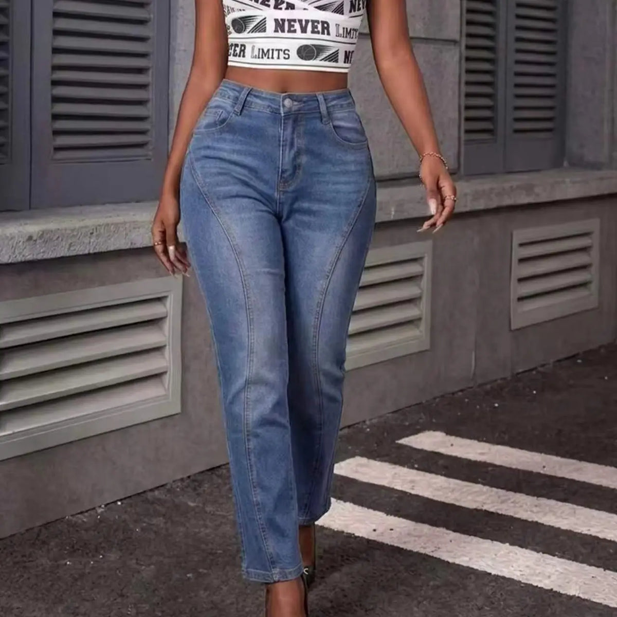 Design-inspired blended washed blue jeans for women - flattering for all leg shapes, stylish straight-leg long pants