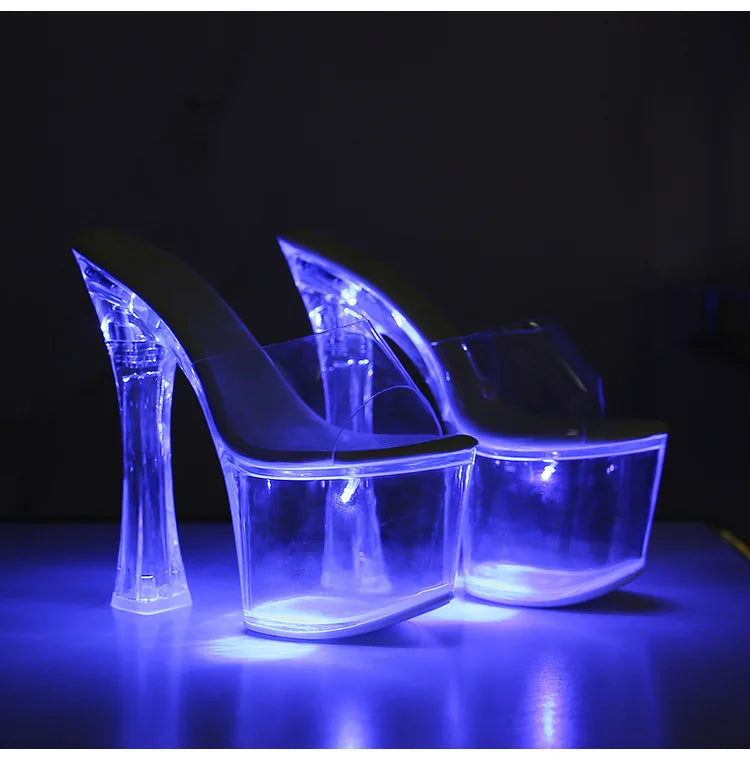Glowing Crystal High Heels 17cm Nightclub Shoes Sexy Transparent Waterproof Platform Showgirl Stiletto Women's Sandals