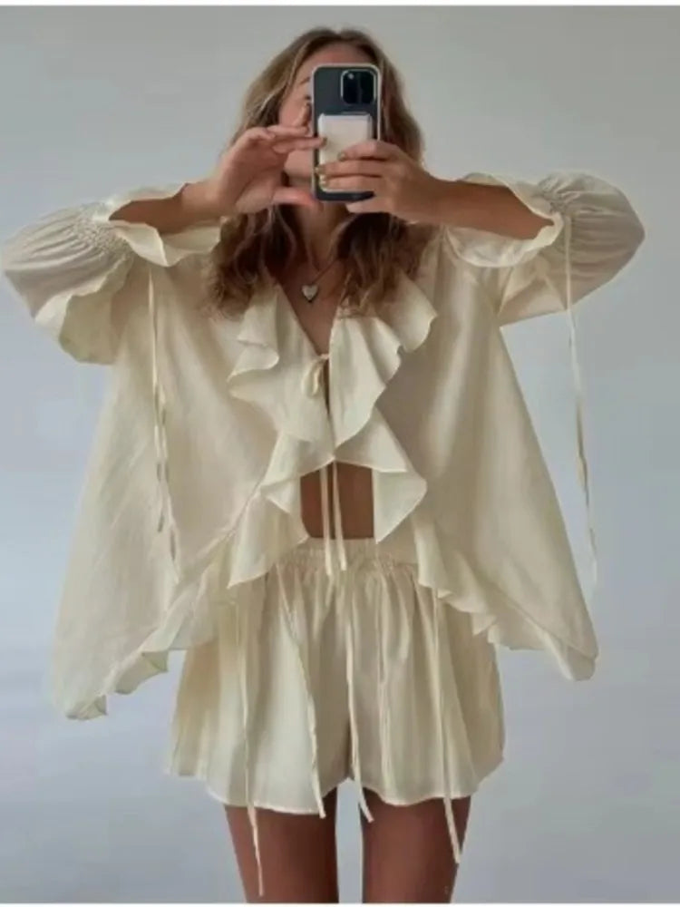 New Casual Shorts Two-piece Set For Women Ruffled Loose Lace-up Top Simple Shorts Suit Office Ladies Summer Women's Shorts Suit