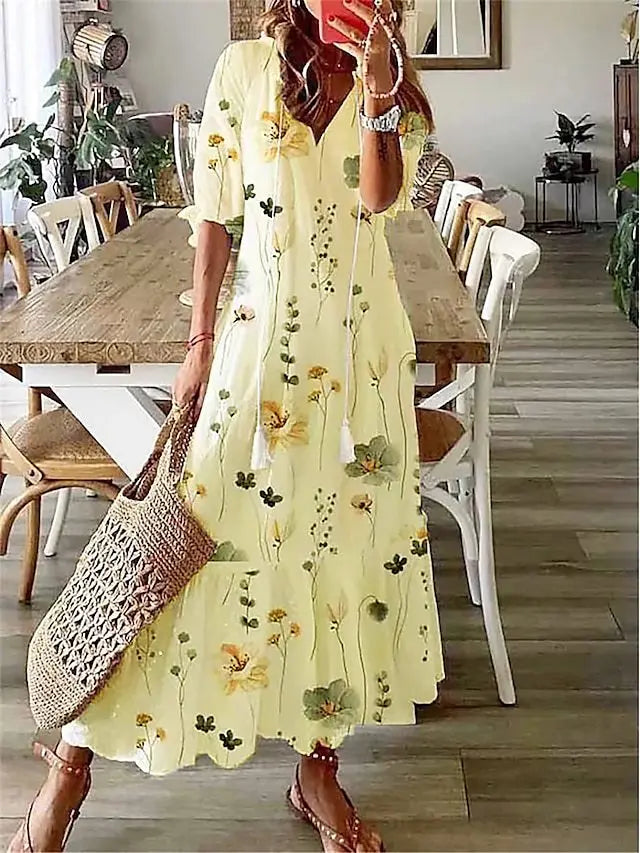 FALL Summer New 2026 Women's Casual Sweet Loose Sexy V-neck Drawstring Fashionable Printed Long Sleeved Boho Bohemian Dresses