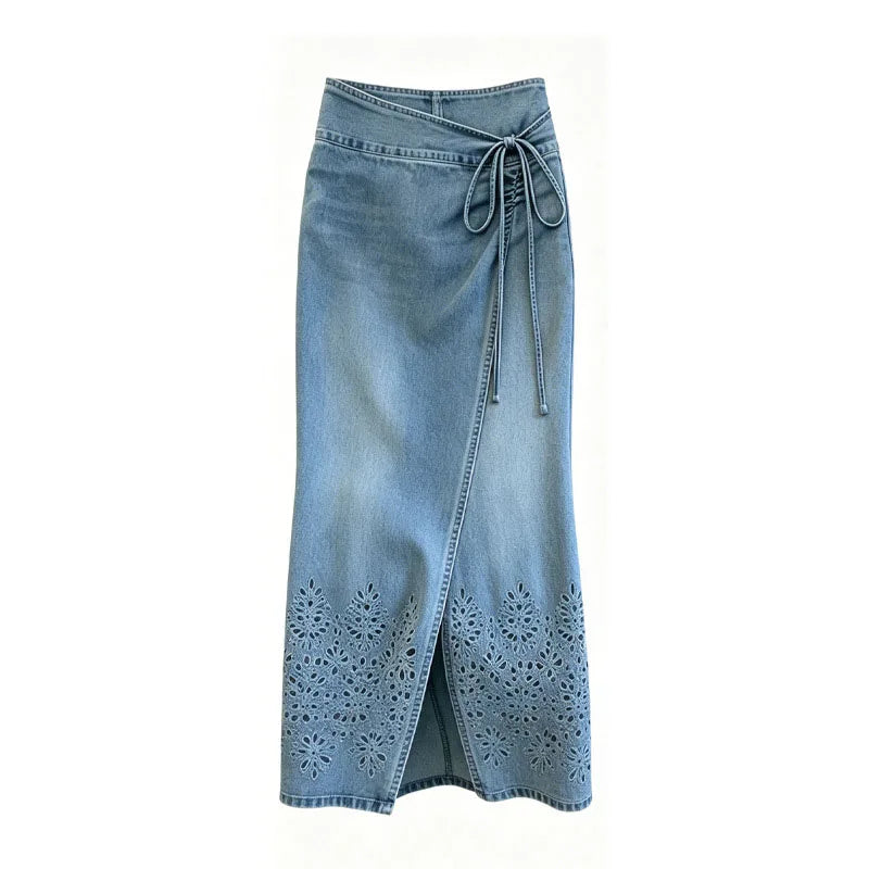 Side Slit Denim Long Skirts Womens Summer Vintage Floral Embroidery Jeans Pencil Skirt Bandage High Waist Women Long Skirt