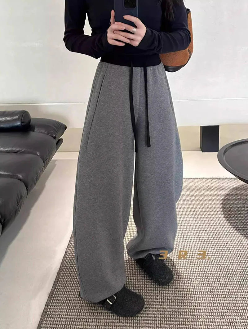 Women Drawstring Baggy Sweatpants High Waist Loose Wide Leg Curved Trousers Casual Soft Streetwear Jogger Pants for Daily Wear