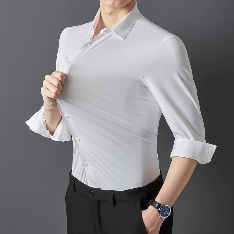 High Elastic Seamless Shirts Men Long Sleeve Muscle Sports Shirt European Size No Ironing Business Professional Workwear Causal
