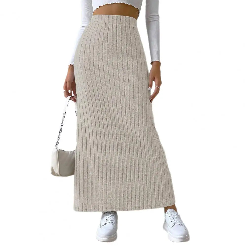 Women Maxi Ribbed Skirt High Waist Side Slit Knitting Skirt Solid Color Long Skirt Streetwear Women Outdoor Wear Skirts
