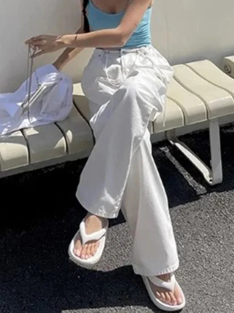 Retro High-waisted Women's Straight Jeans Summer New Fashion Loose Drawstring Design