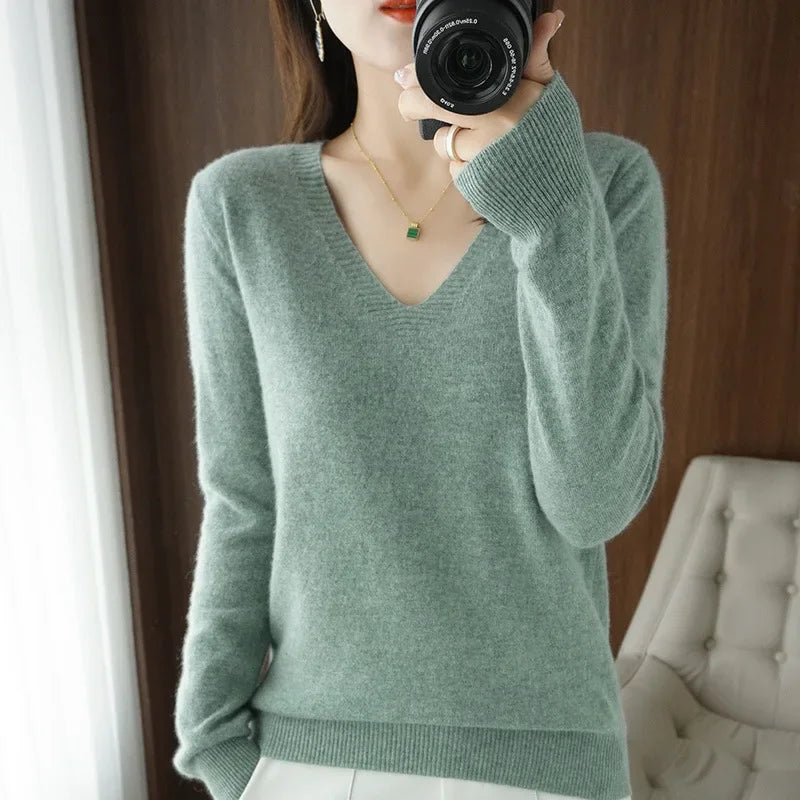 Women's Sweater 2025 Autumn Winter Knitted Pullovers V-neck Slim Fit Bottoming Shirt Solid Soft Knitwear Jumpers Basic Sweaters