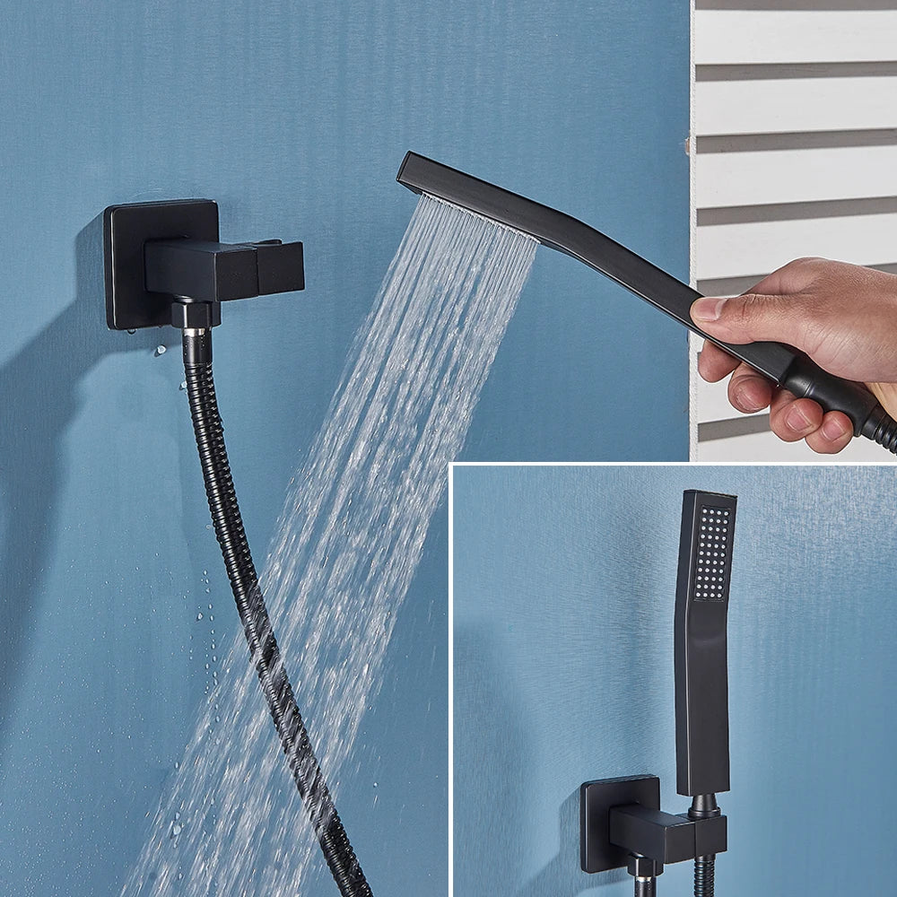 Rozin Brass Thermostatic Shower Faucet Black 40*80cm Ceiling Rainfall Shower Head Mixer Tap Concealed Install Bathroom Faucets