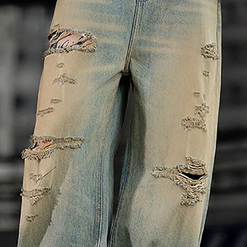 Fashionable Ripped Men's Jeans High Street Vintage Washed Pure Cotton Denim Pants Loose Straight Leg Casual Daily Male Trousers