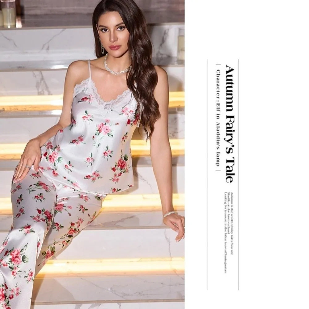 Satin Ice Silk Women's Printed Pajamas Set Lace-Trimmed V-Neck Shorts And Long Pants Ice Silk Suspender Sleepwear Sleeveless