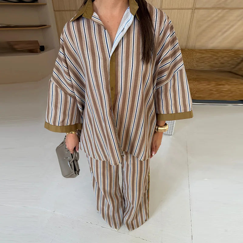 Loose Striped Contrast Wide Leg Pants Set Women Oversized Lapel Single Breasted Shirt Trousers 2026 Summer Lady Casual Outfits