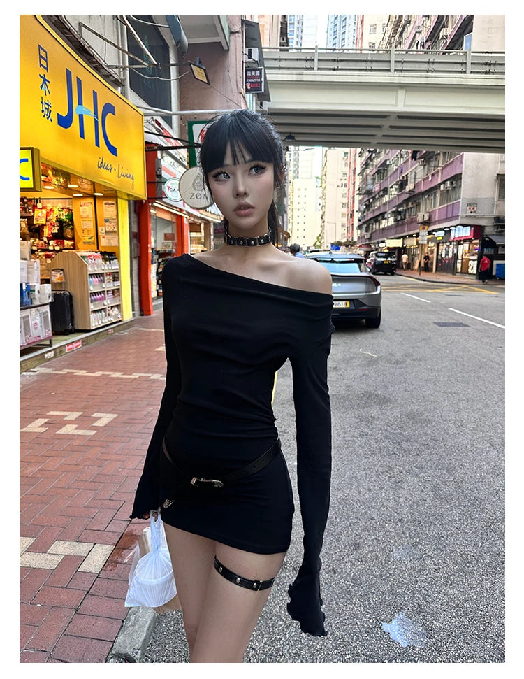 Seeslim Black Slim Sexy Mini Dress Women Long Sleeve Autumn Off Shoulder Korean Fashion 2000s Y2k Clothes Party Dresses Chic