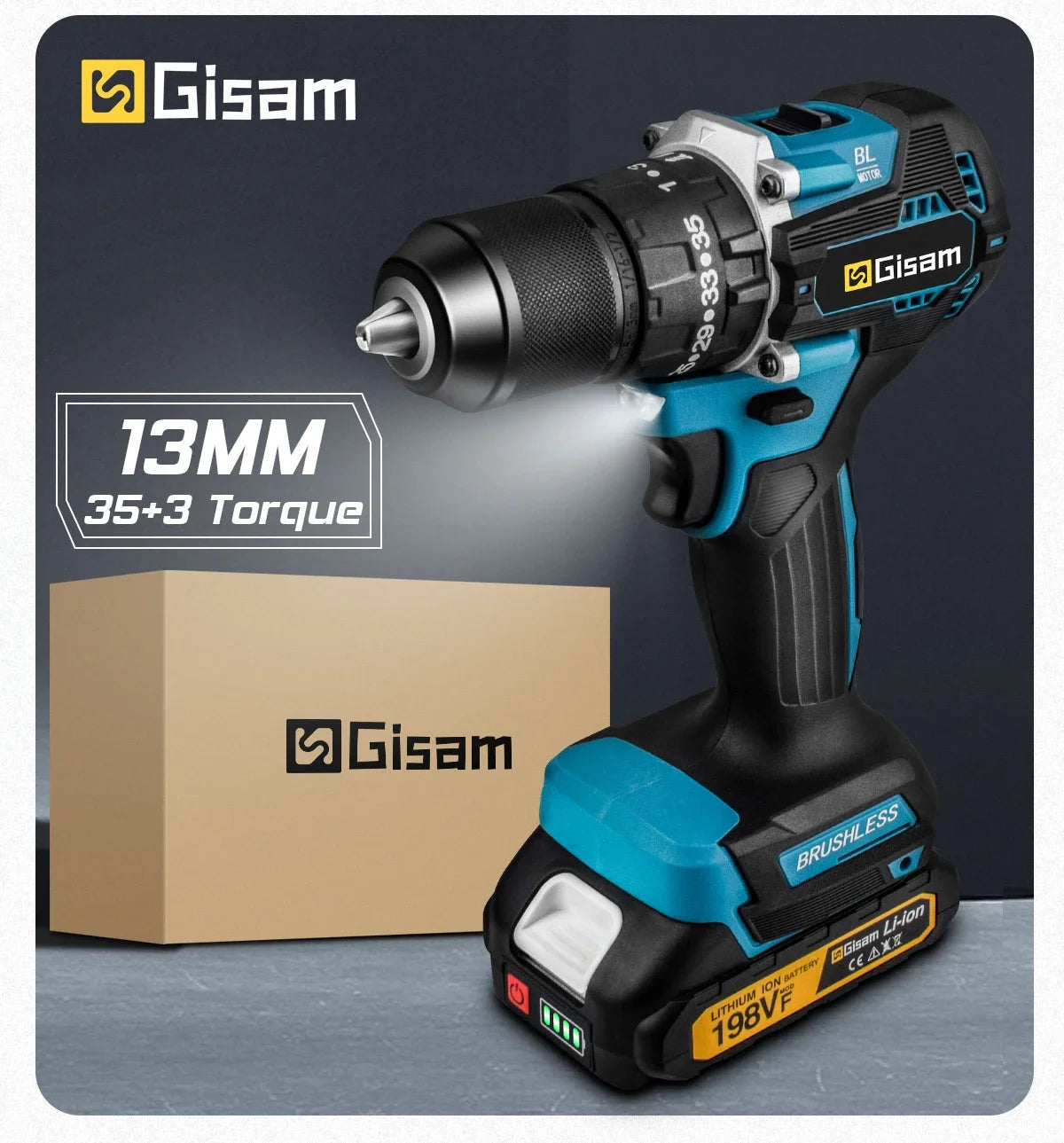 Gisam 13mm 35+3 Torque Brushless Electric Impact Drill Cordless Drill Electric Screwdriver Power Tool For Makita 18V Battery Pin