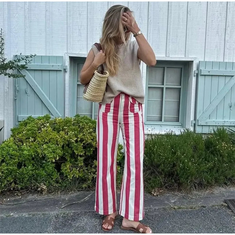 Street Fashion Stripe Women's Pants Zipper Button Pocket Wide Leg Multicolor Vertical Pants 2026 Spring Summer Lady Trousers