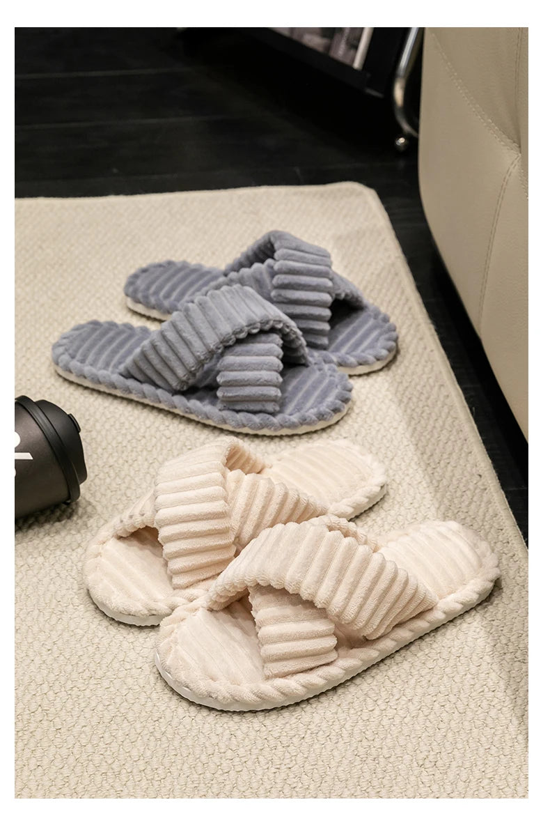 Fashion Corduroy Cross Band Open Toe Home Slippers Women Autumn Winter Warm Plush Slides Ladies Bedroom Soft Sole Slippers