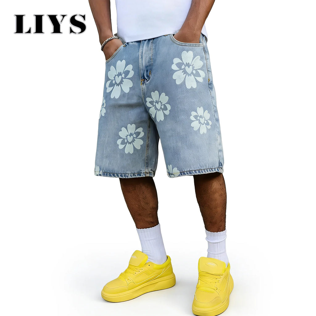 LIYS Fresh Delicate Style Flower Print Fashionable Wide Leg Men's Jeans Y2K Casual Elegant Bermuda Denim Shorts Couple Pants