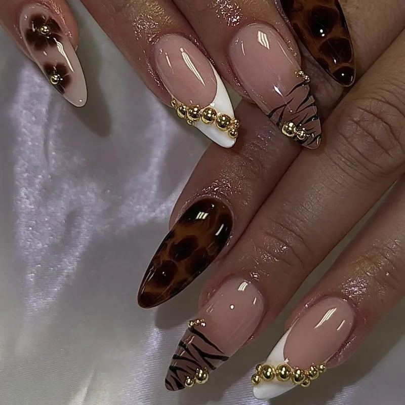 24PCS French Leopard Print Press on Nails Autumn Golden Pearl Brown Flowers Almond False Nails for Women Wearable Nail Manicure