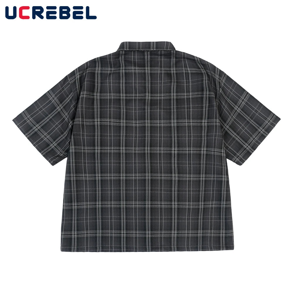 Chicano Safari Short Sleeve Shirt Mens Summer Streetwear Casual Loose Letter Embroidery Lapel Plaid Shirt Man