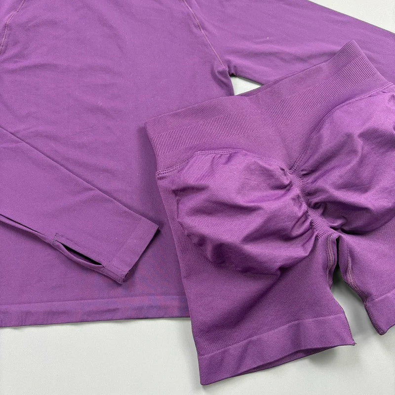 2 Piece Fitness Outfit Women Raglan Long Sleeve Crew Neck Top Hip Shaping Scrunch Shorts Stretch Soft Dance Gym Workout Set