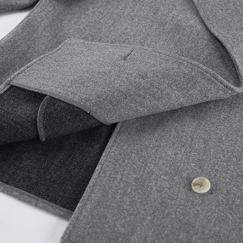 Gray Wool Blend Coat Notched Lapel Double Breasted Long Sleeve Cuff Detail Loose Mid-Length Women Commuter Woolen