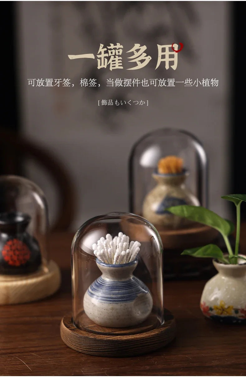 Japanese Retro Toothpick Box Home Toothpick Cotton Swabs Jar Ceramic Pot Glass Dust Cover Modern Exquisite Decoration Modern