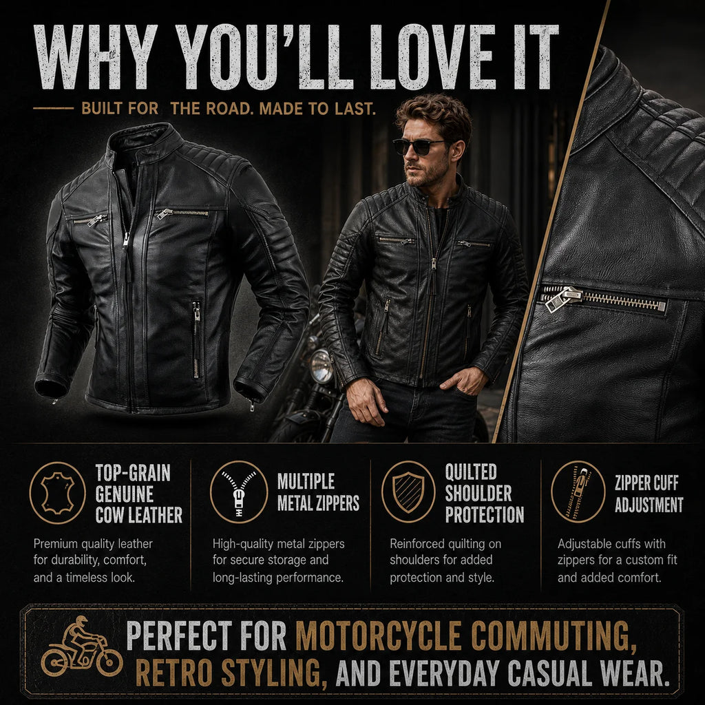 New Motorcycle Causal Vintage Leather Coat Men Autumn Outfit Fashion Biker Pocket Design Top Layer Cow Leather Jacket