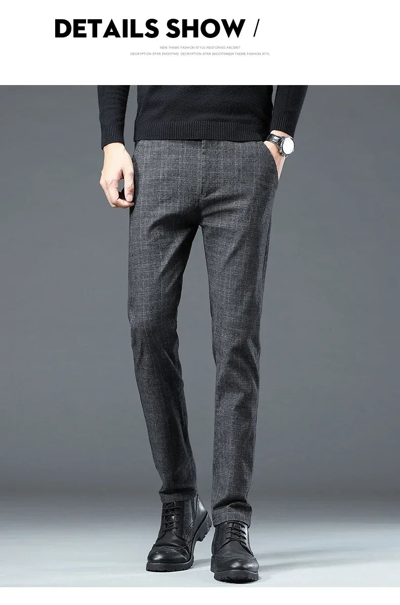 Business Men Pants Spring Autumn Korea Cotton Comfortable Elastic Plaid Casual Fashion Trousers Male Clothing Suit Pant