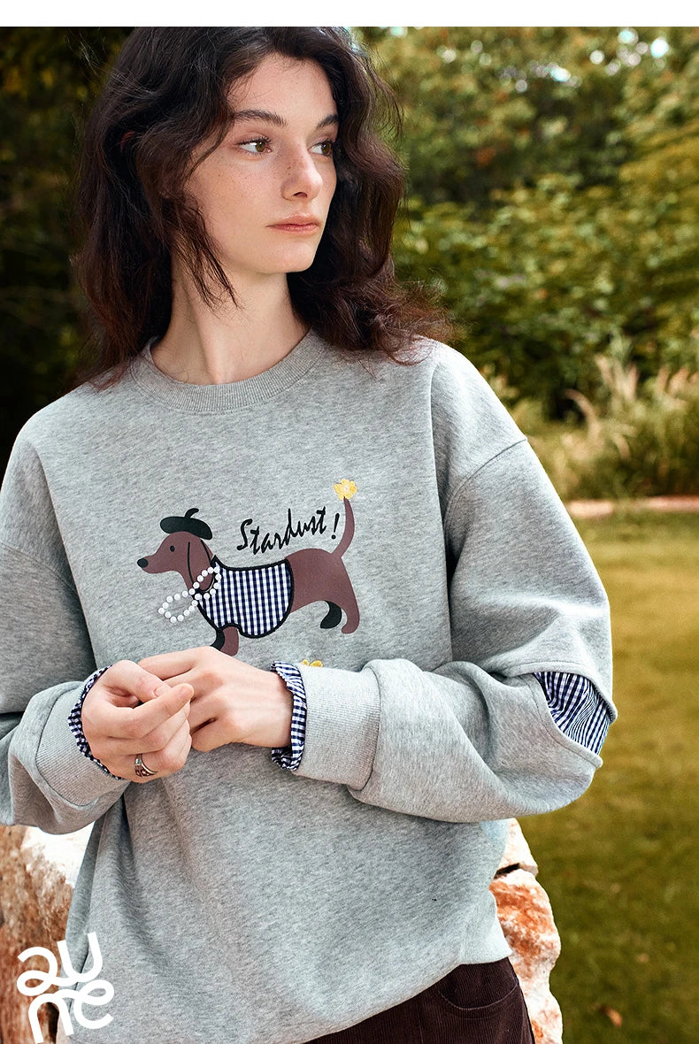 TOYOUTH Women's Sweatshirt 2026 Autumn New Loose Deconstructed Faux Two-Piece Plaid Dachshund Print Vintage Pullover Top