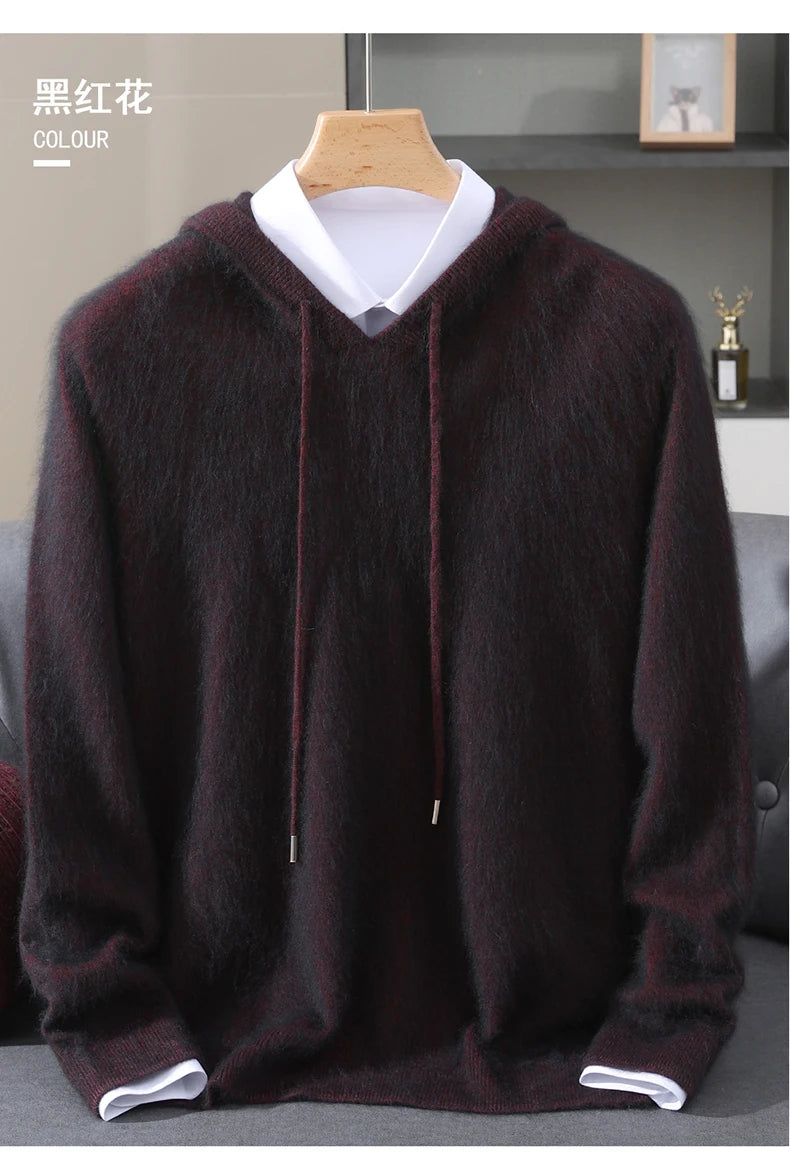2025 Autumn Winter Hooded Collar Mink Cashmere Knitted Sweater Men's Drawstring Pullover High-End Thick Casual Sweater Loose Fit