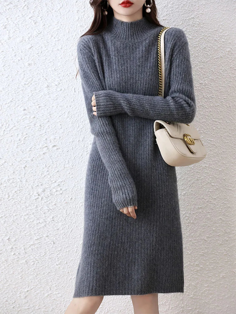 Fashion Cashmere Sweater Womens Knitted Dresses 100% Merino Wool Turtleneck Elegant Dress Autumn Winter Long Sleeve Short Skirts