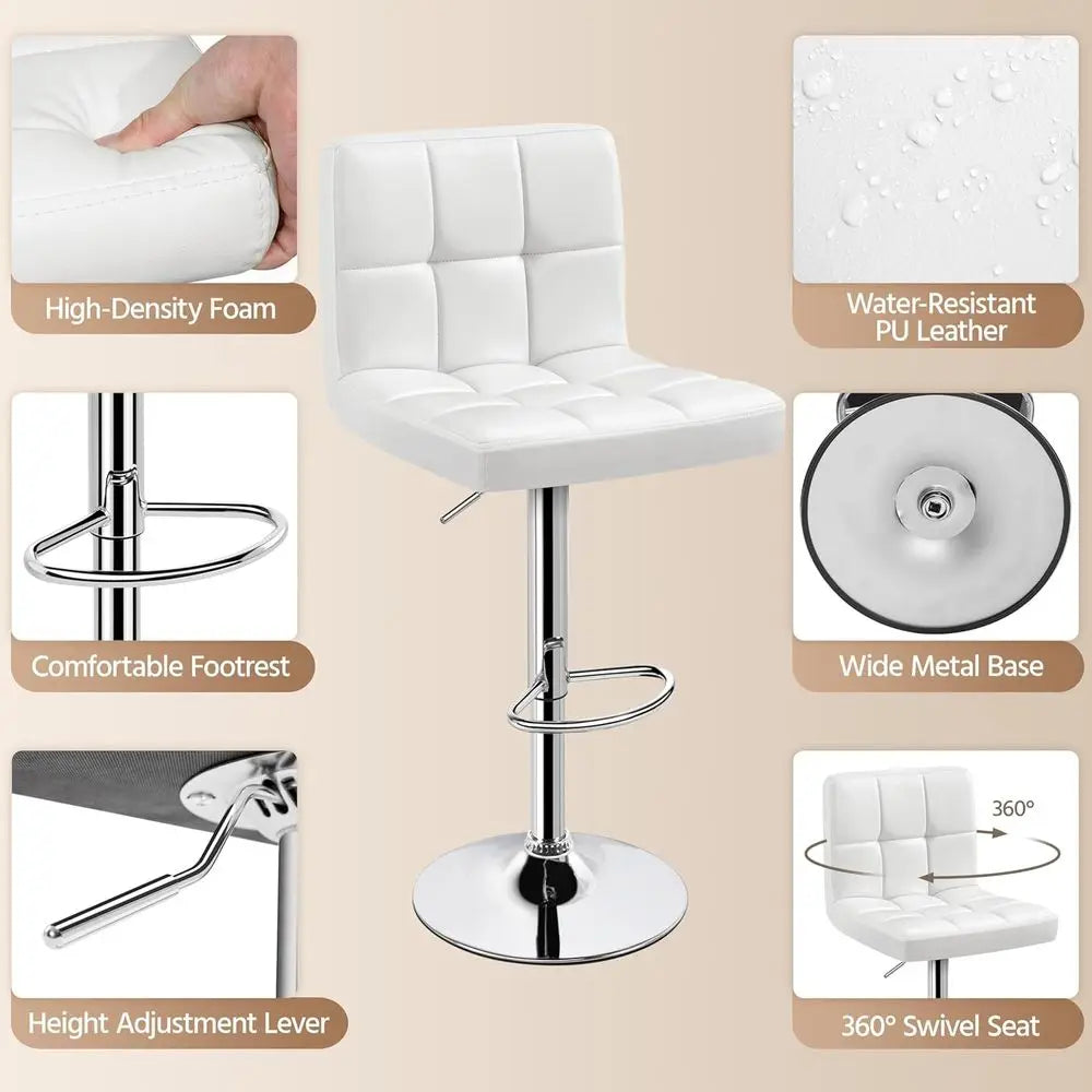 Set of 3 Adjustable Swivel Bar Stools, PU Leather, White, with Backrest and Footrest, Ideal for Kitchen, Dining, and Bar Areas