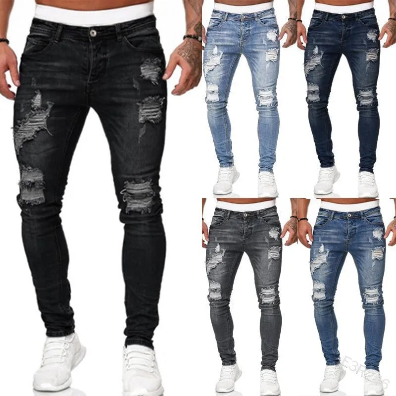 2026 Spring Summer New Men Denim Pants Casual Slim Fit Skinny Ripped Versatile Fashion Long Jeans Men