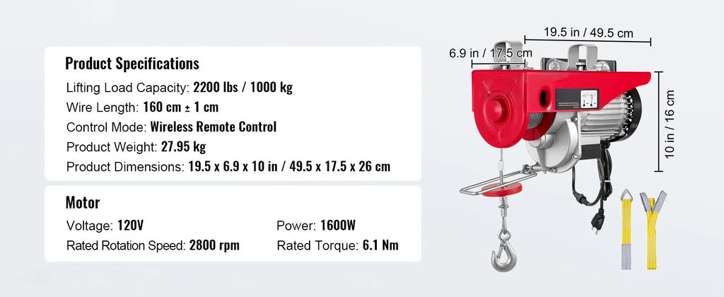 SucceBuy 1320-2200 lbs Wireless Electric Hoist with 40ft Single Cable Lifting Height Steel Wire Winch for Garage Warehouse