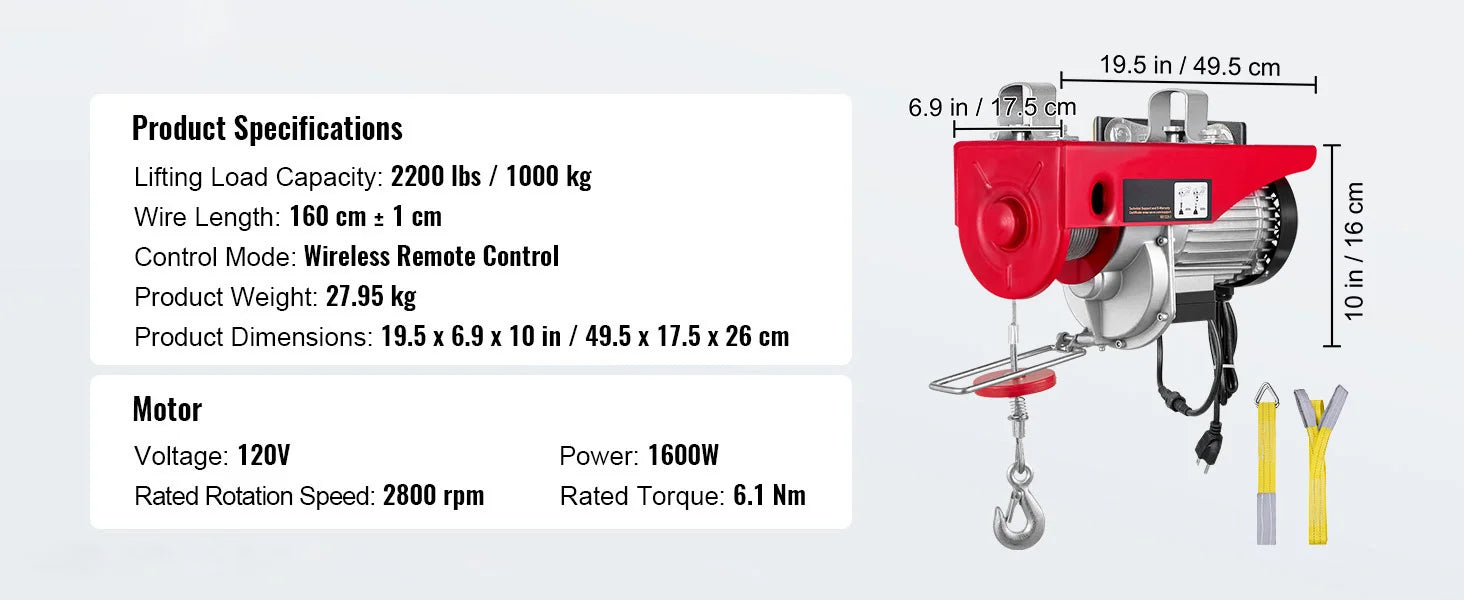 SucceBuy 1320-2200 lbs Wireless Electric Hoist with 40ft Single Cable Lifting Height Steel Wire Winch for Garage Warehouse