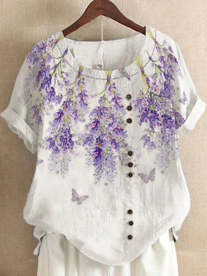 2025 Summer retro fashion printed loose casual shirt top, suitable for casual or vacation ladies' beachwear