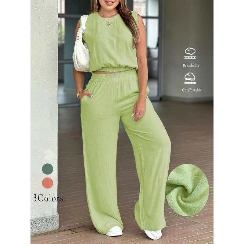 Fashion Ultra-short Sleeveless Top Trousers 2-piece Set Summer New Casual Pocket Loose Wide-leg Trousers Female Office Set 2025