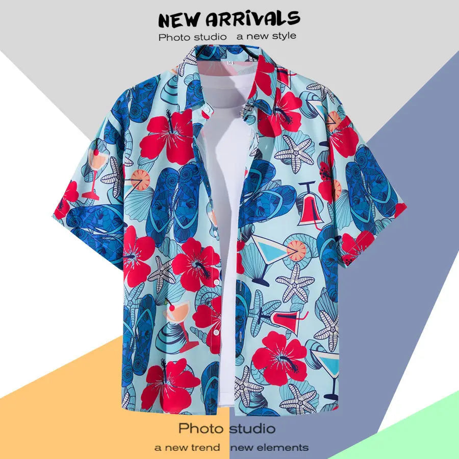 New Summer Casual Short Sleeved Shirt Korean Version Fashionable Men's and Women's Loose Collar Hawaiian Seaside Flower Shirt